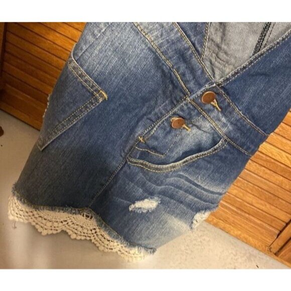 Denim Overall Shorts With Distressed Details & Lace Trim By Mistic Prysm S - Picture 8 of 8